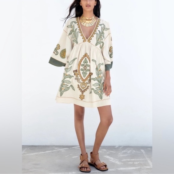 #173 Embroidered Linen Blend Cream and Sage Green Mini Dress - Picture 4 of 12